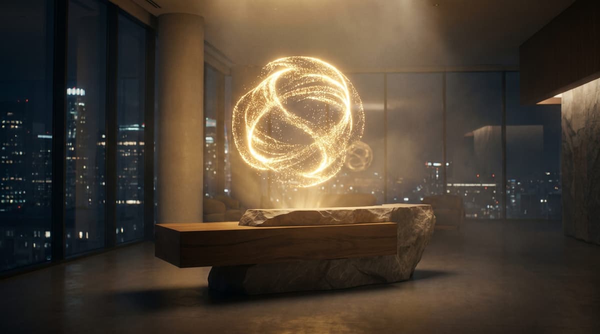 AI assistant made of light above a reception desk