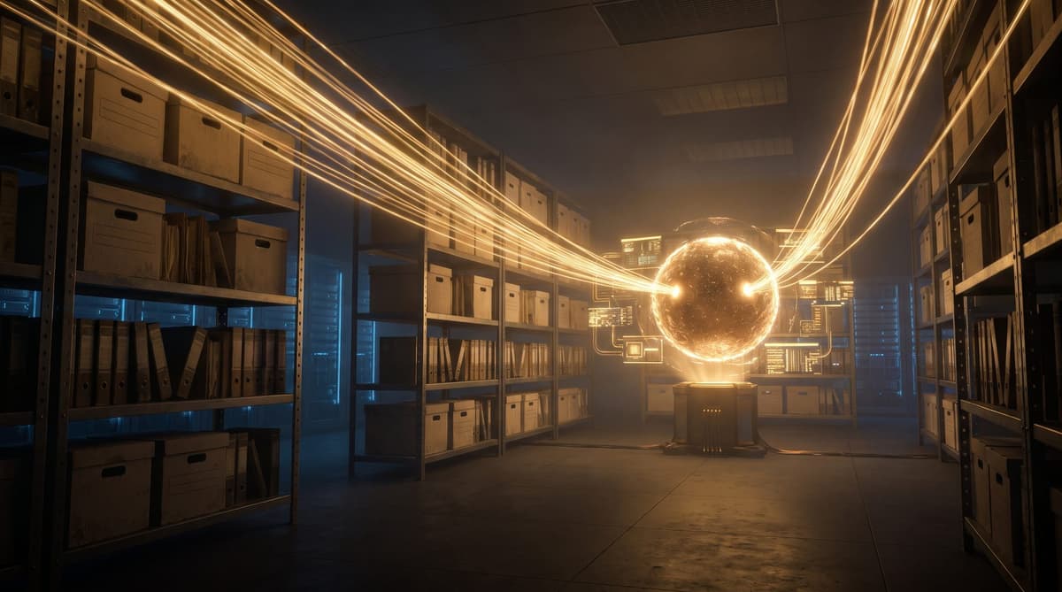 Beams of light connecting document archives to an AI core