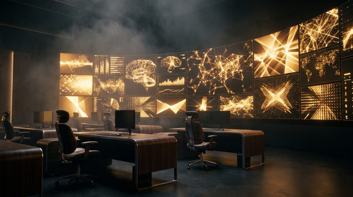 AI operations room with walls of data visualizations