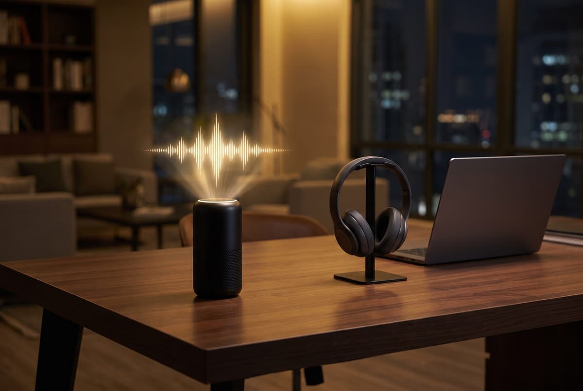 AI voice assistant device on a desk emitting a soundwave of light