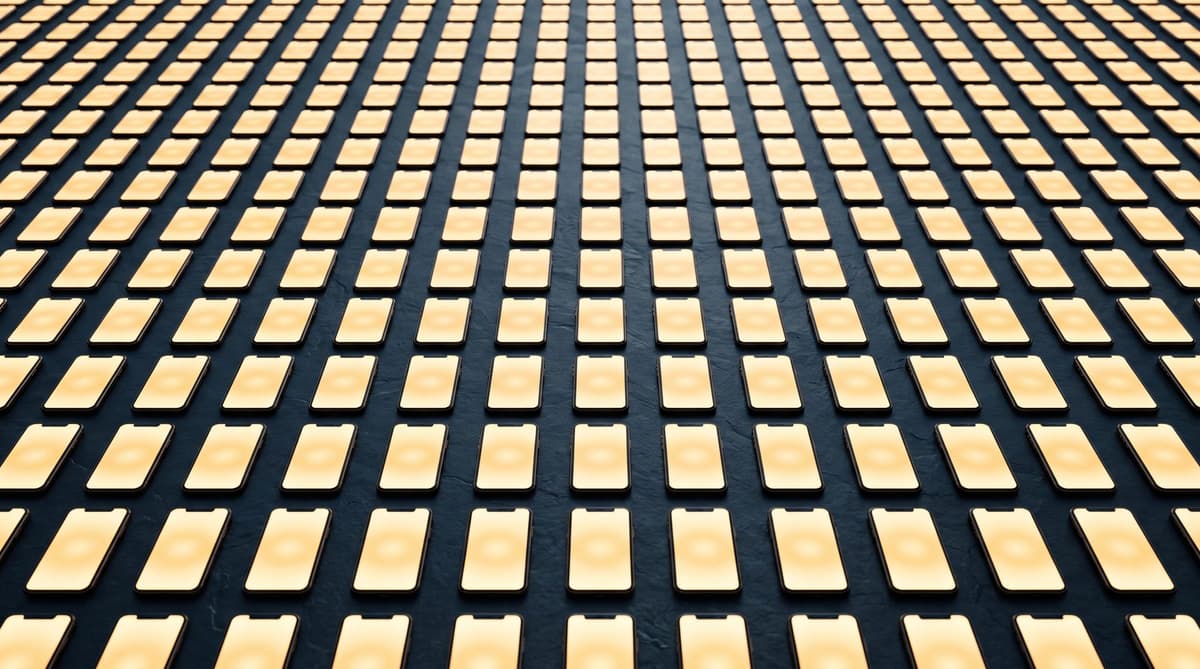 Hundreds of smartphones in a grid, each running an app