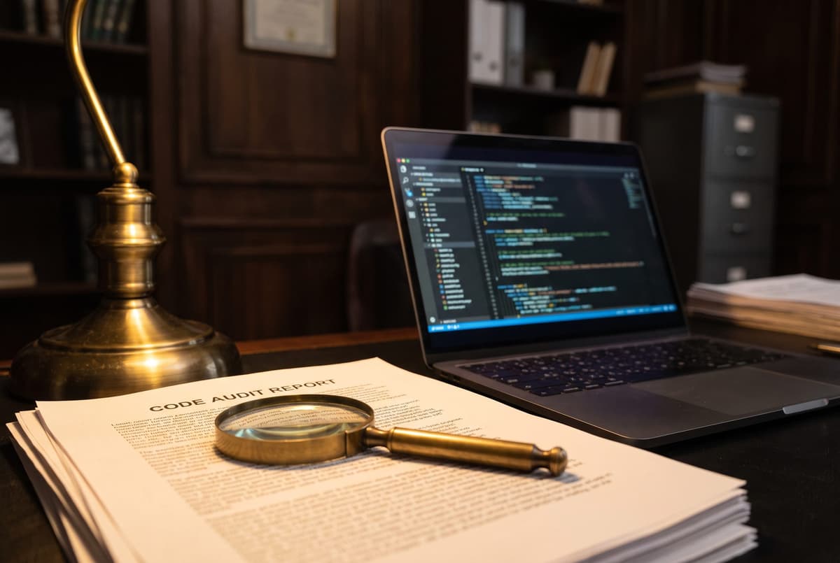 Magnifying glass over a printed code audit report