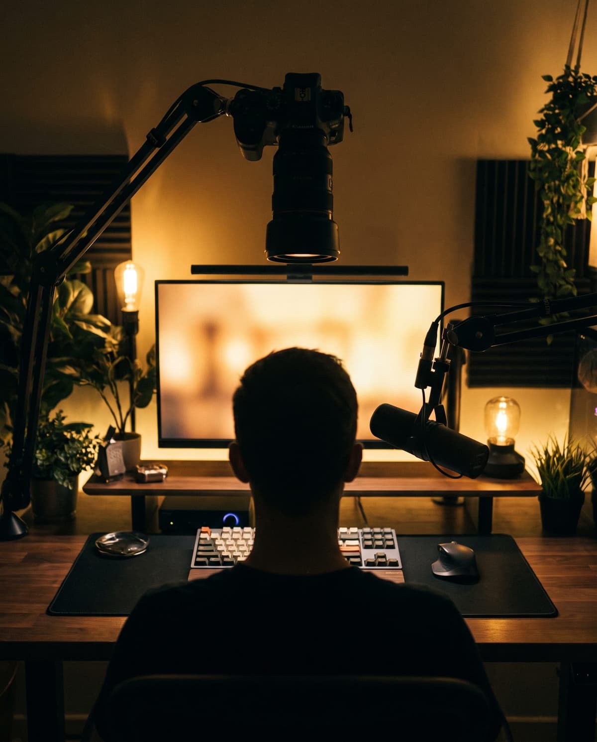 Creator streaming from a desk with camera and microphone