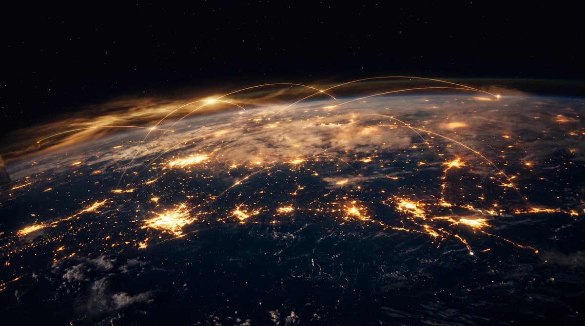 Earth at night with network arcs connecting cities