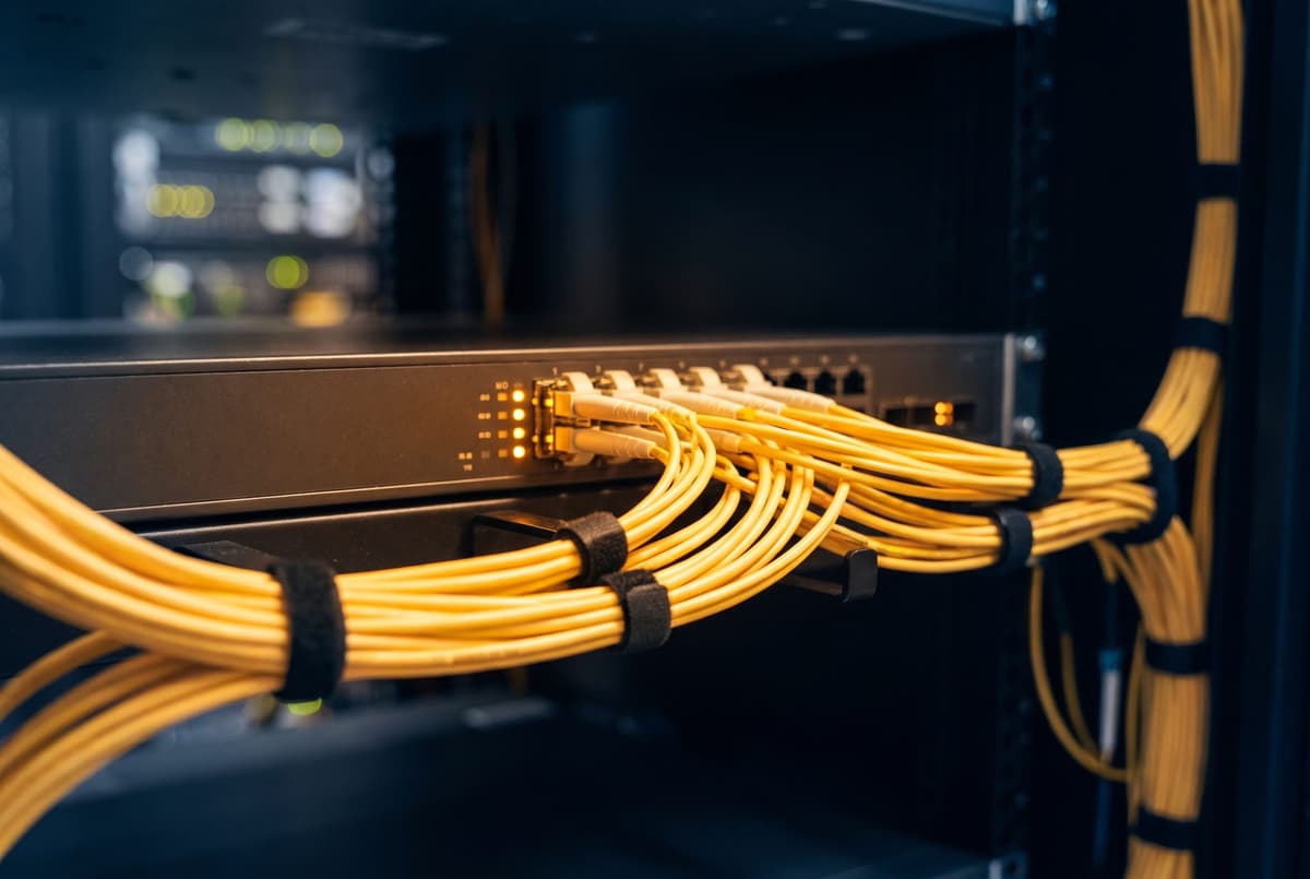 Fiber optic cables connected to a network switch