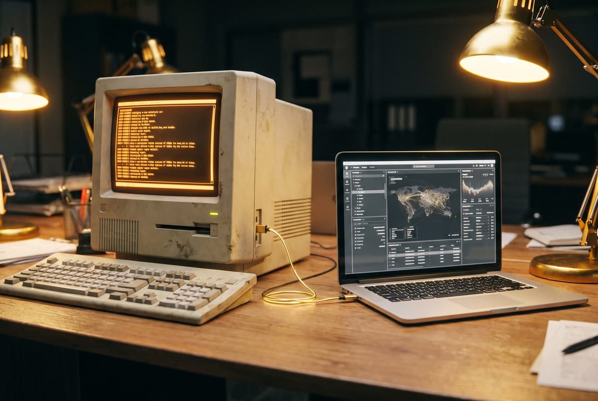Old computer terminal next to a modern laptop
