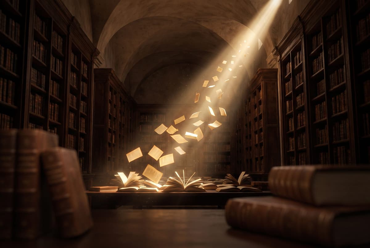 Library pages turning into streams of light flowing into an AI search beam