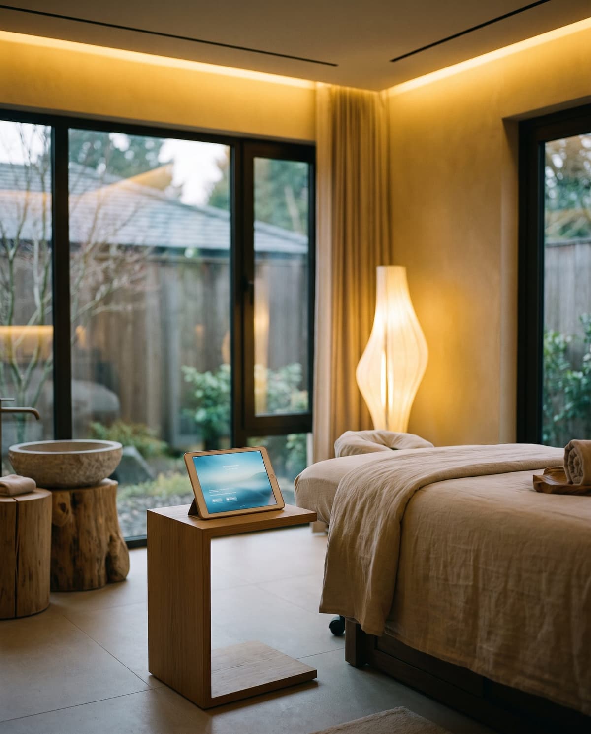 Med spa treatment room with a booking tablet