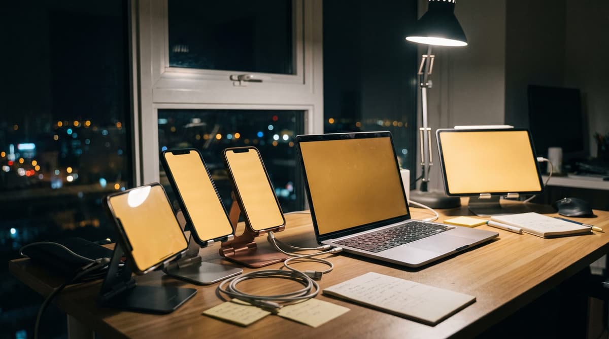 Smartphones and a tablet on a mobile app testing desk