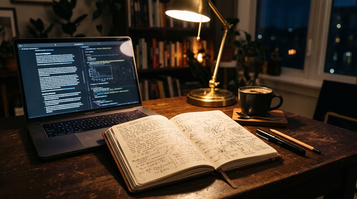 Notebook and laptop on a desk at night