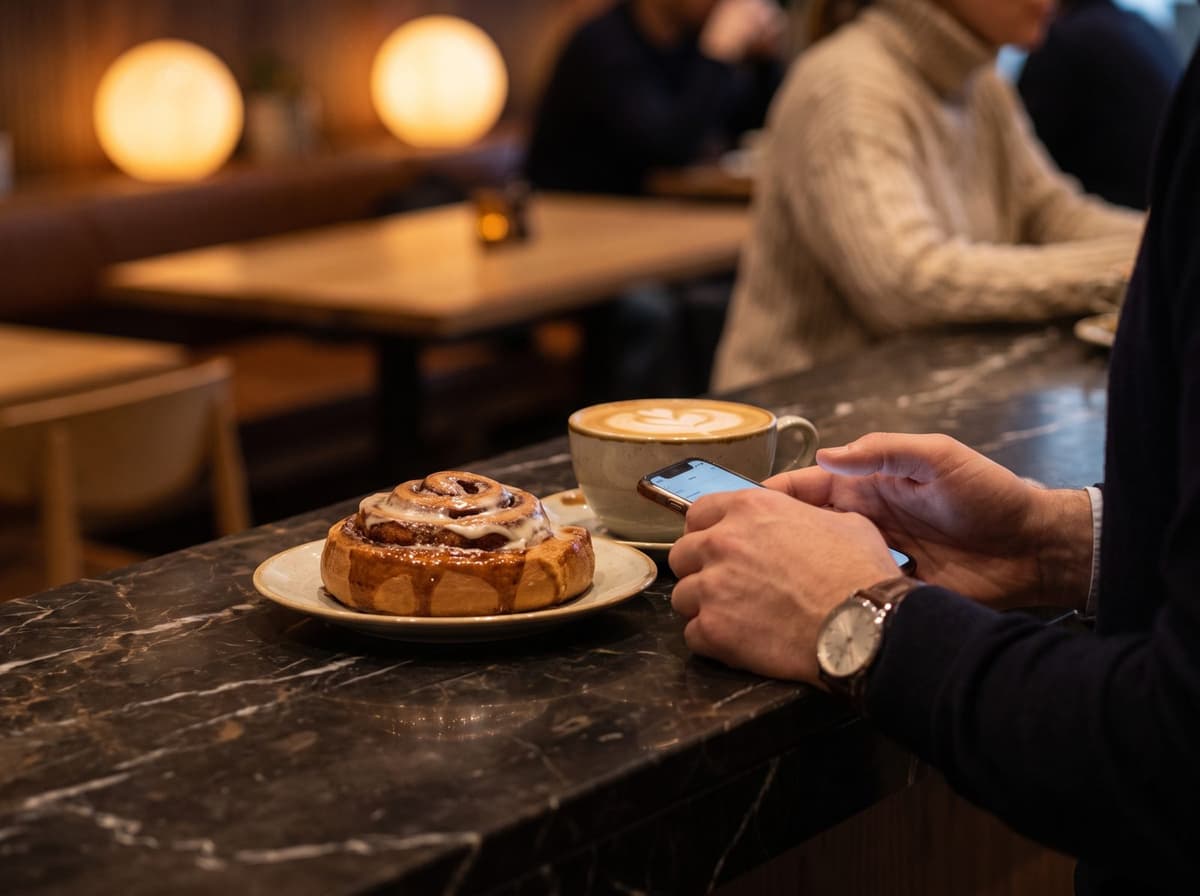 Cinnamon roll and cappuccino on a cafe counter next to a guest's phone