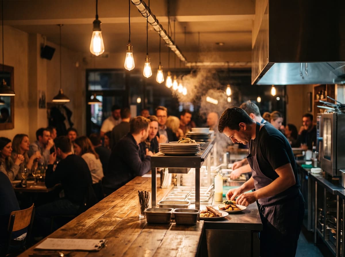 Chef plating dishes at the open kitchen of a busy restaurant