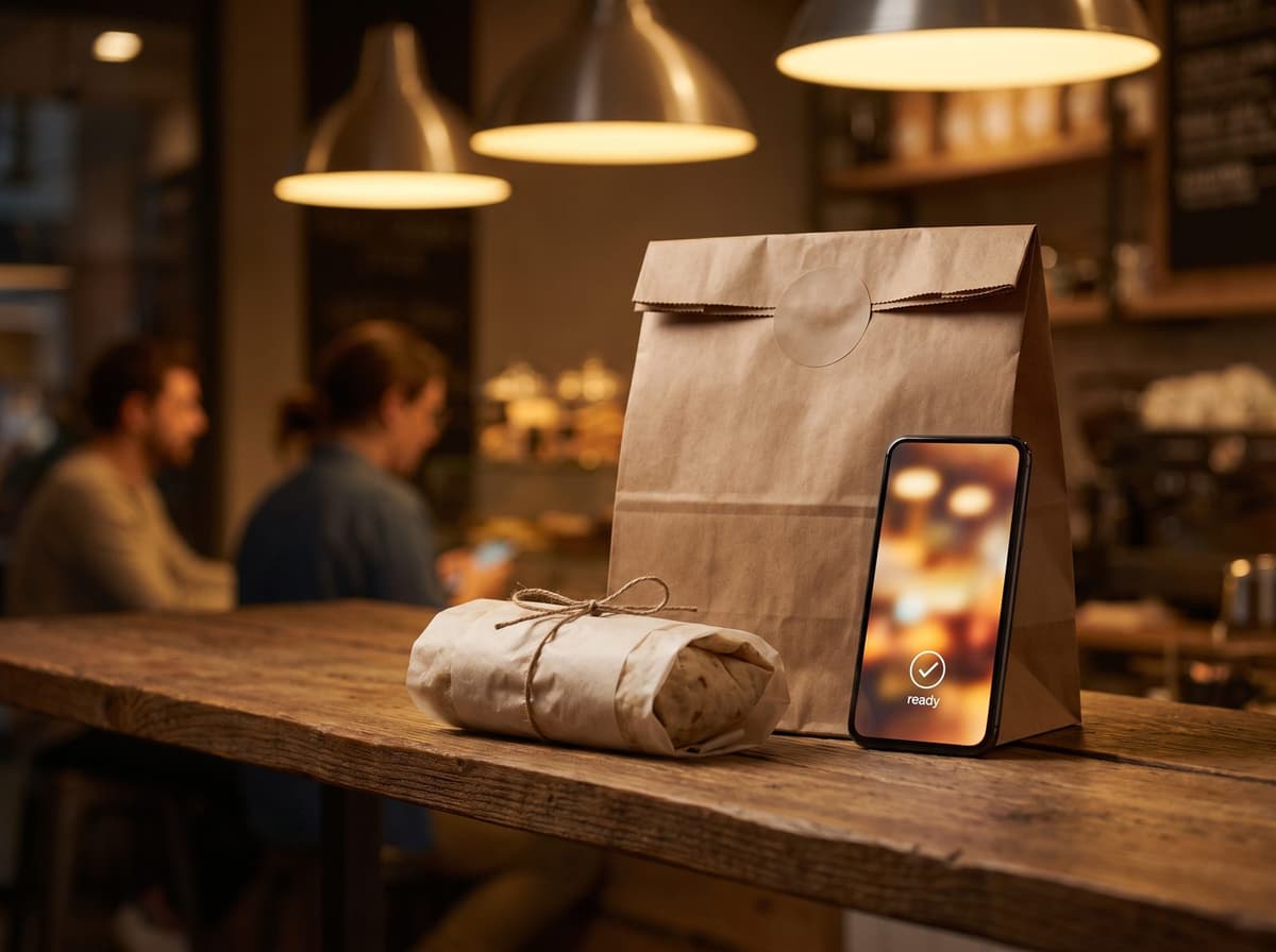 Pickup order bag waiting on a restaurant shelf beside a phone
