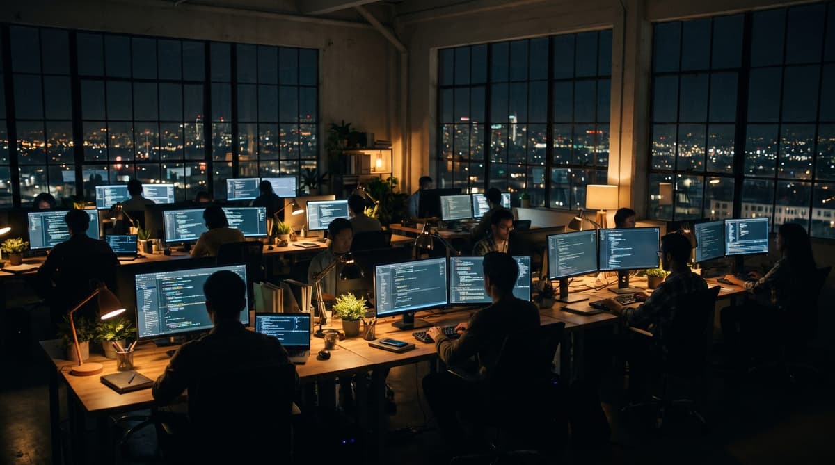 Software development studio at night with monitors of code