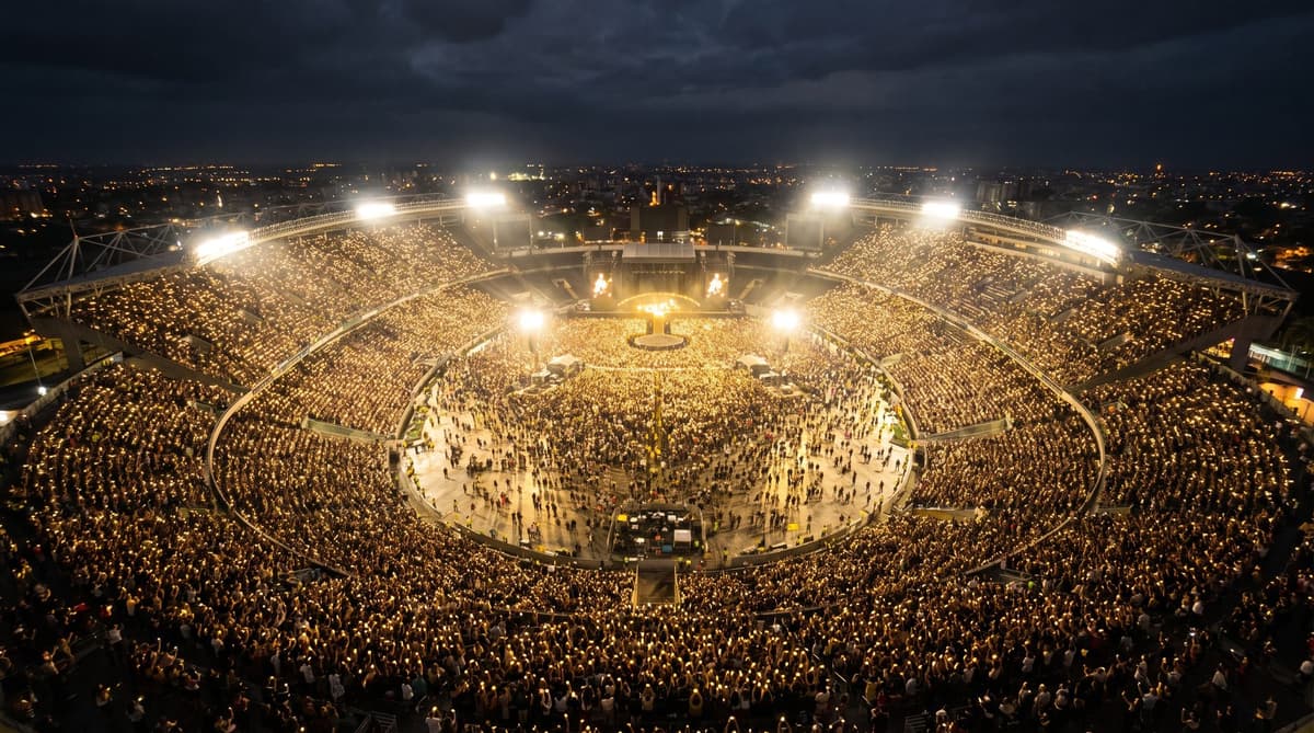 Packed stadium at night lit by thousands of phone lights