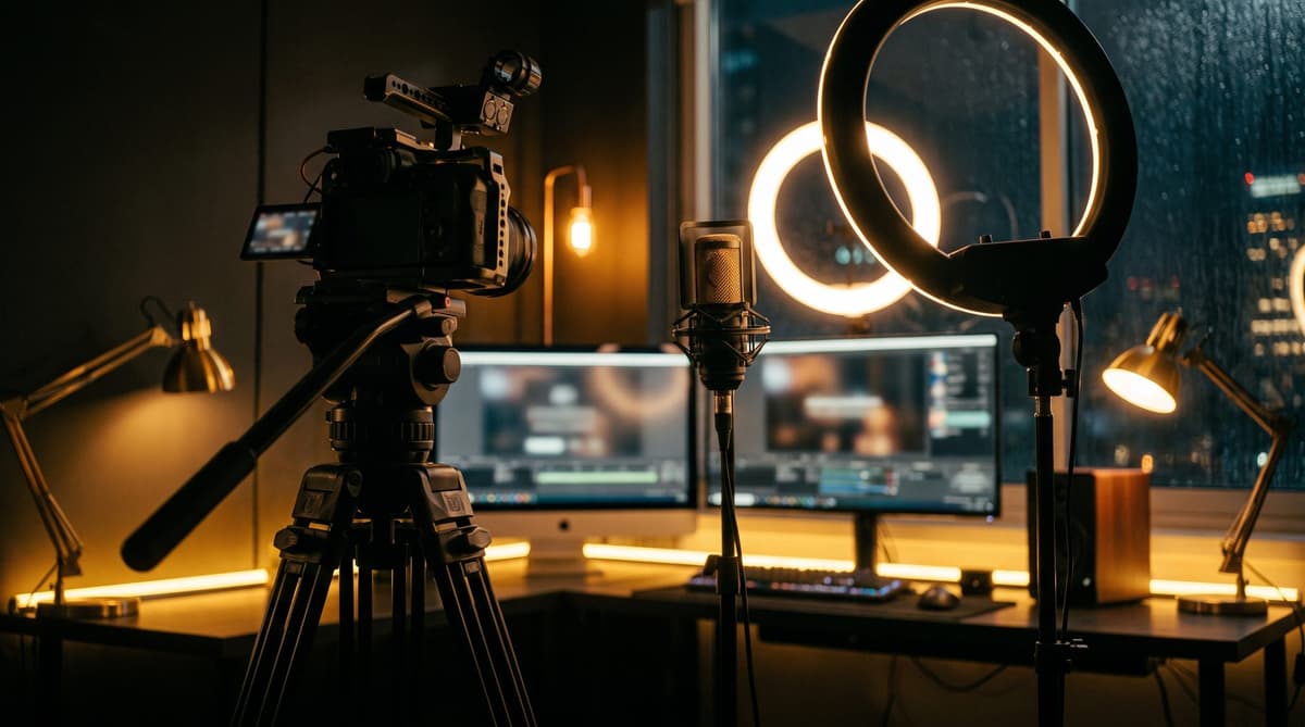 Live-streaming studio with camera, microphone and ring light