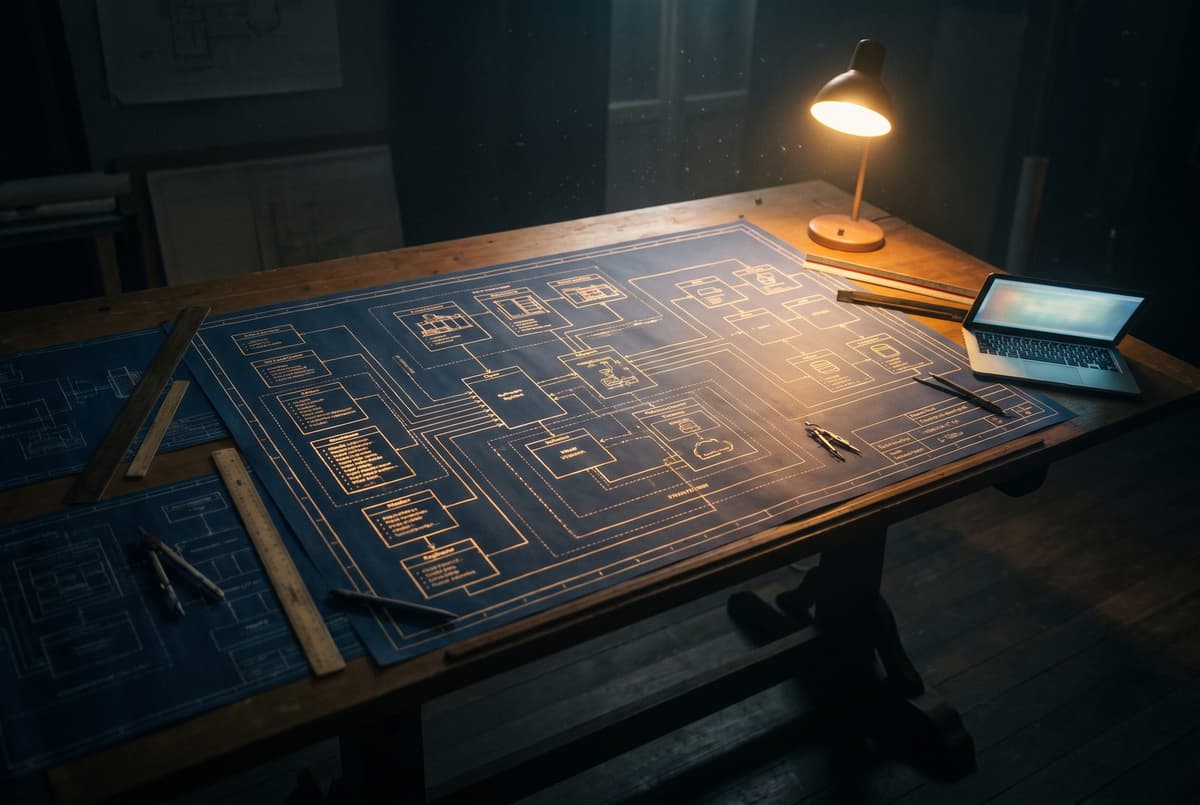 Software system blueprints on a drafting table