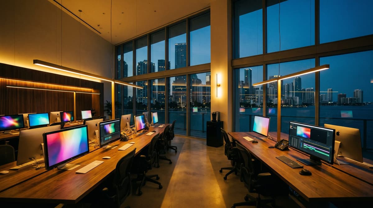 Tech studio at night overlooking the Miami skyline