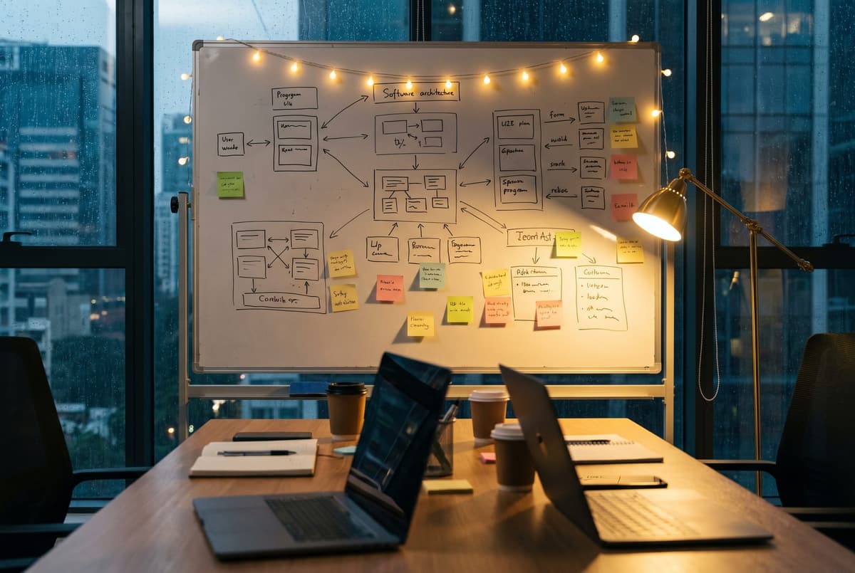 Whiteboard covered in software architecture diagrams above a team table