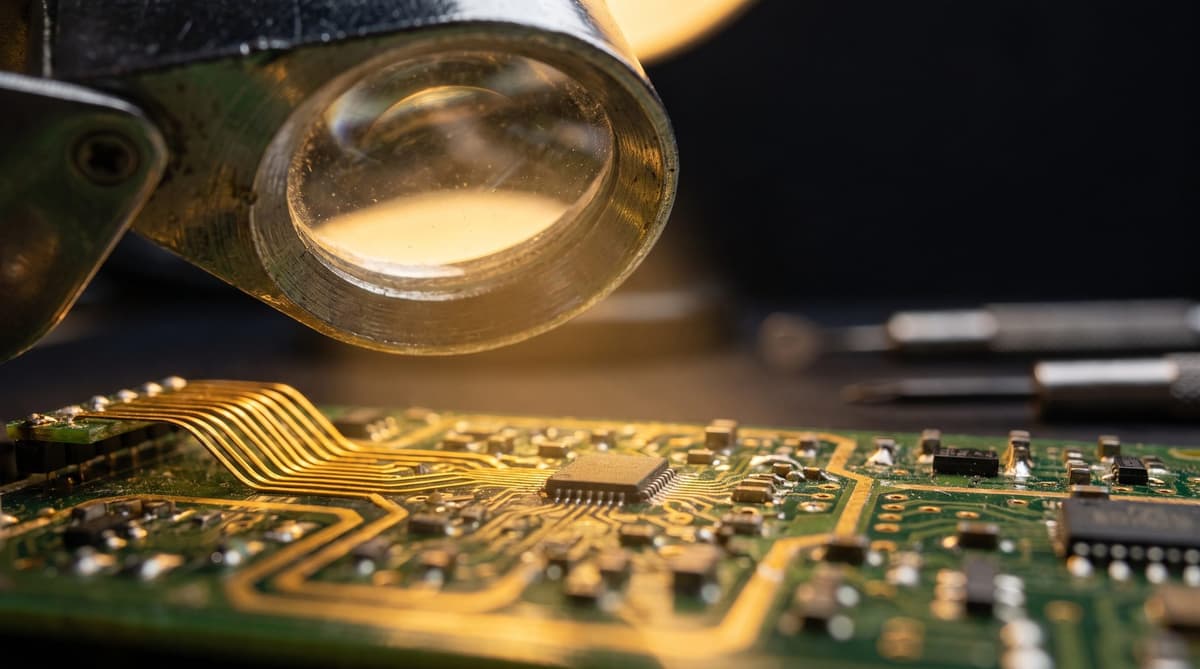 Magnifying loupe inspecting a circuit board