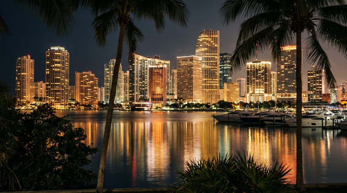 Miami skyline at night across Biscayne Bay