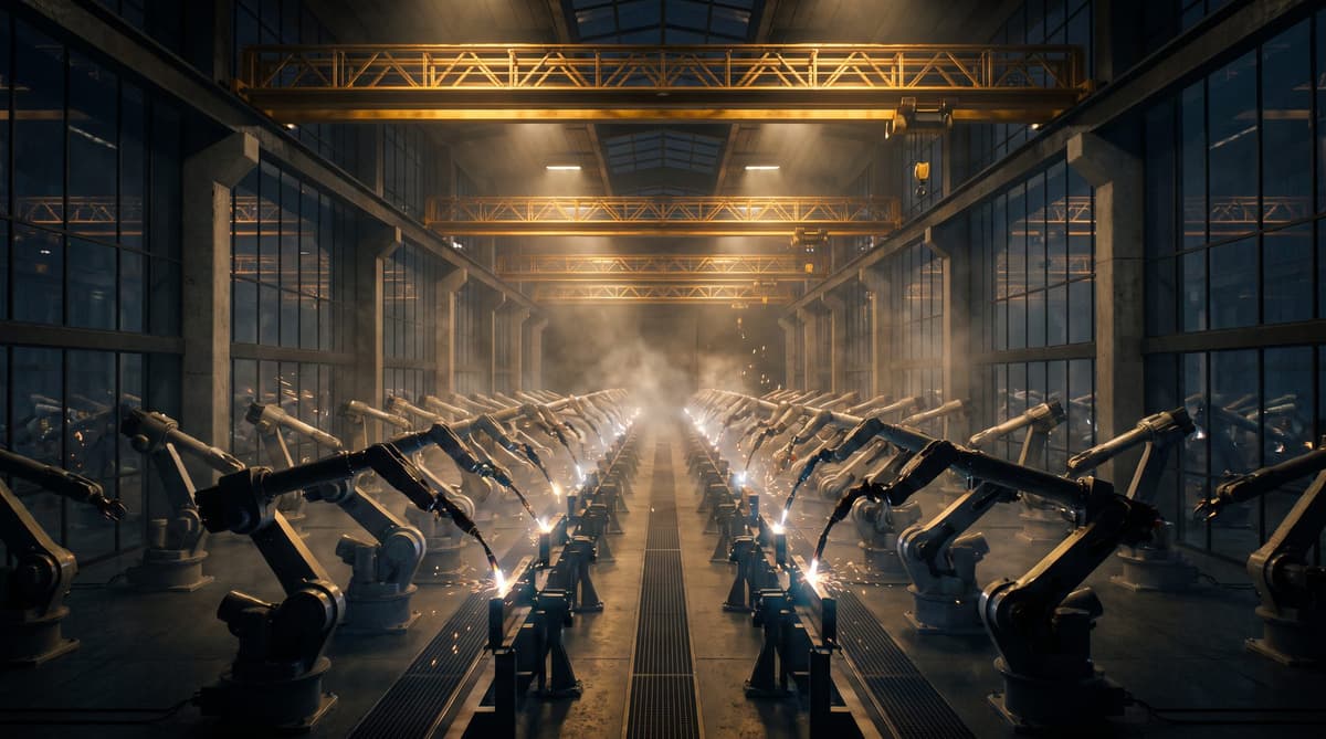 Rows of robotic arms automating work in a factory