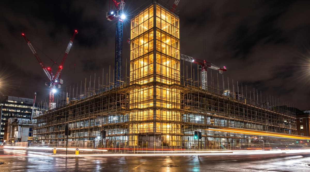 Scaffolding around a modern building being rebuilt