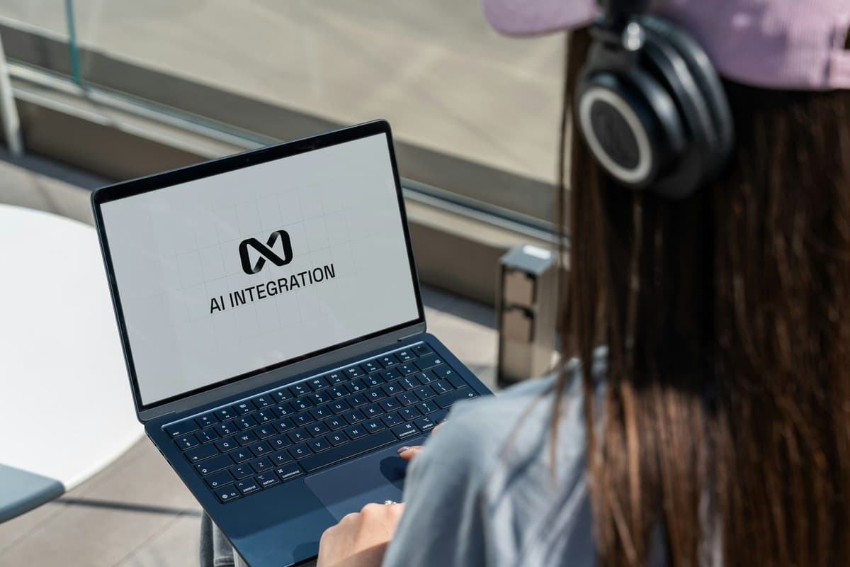 Person using laptop with ai integration logo displayed.